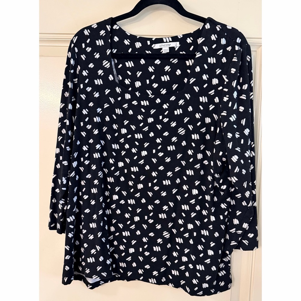 Chico's Black & White Abstract Scoop Neck-3/4 Sleeve Top Sz XL